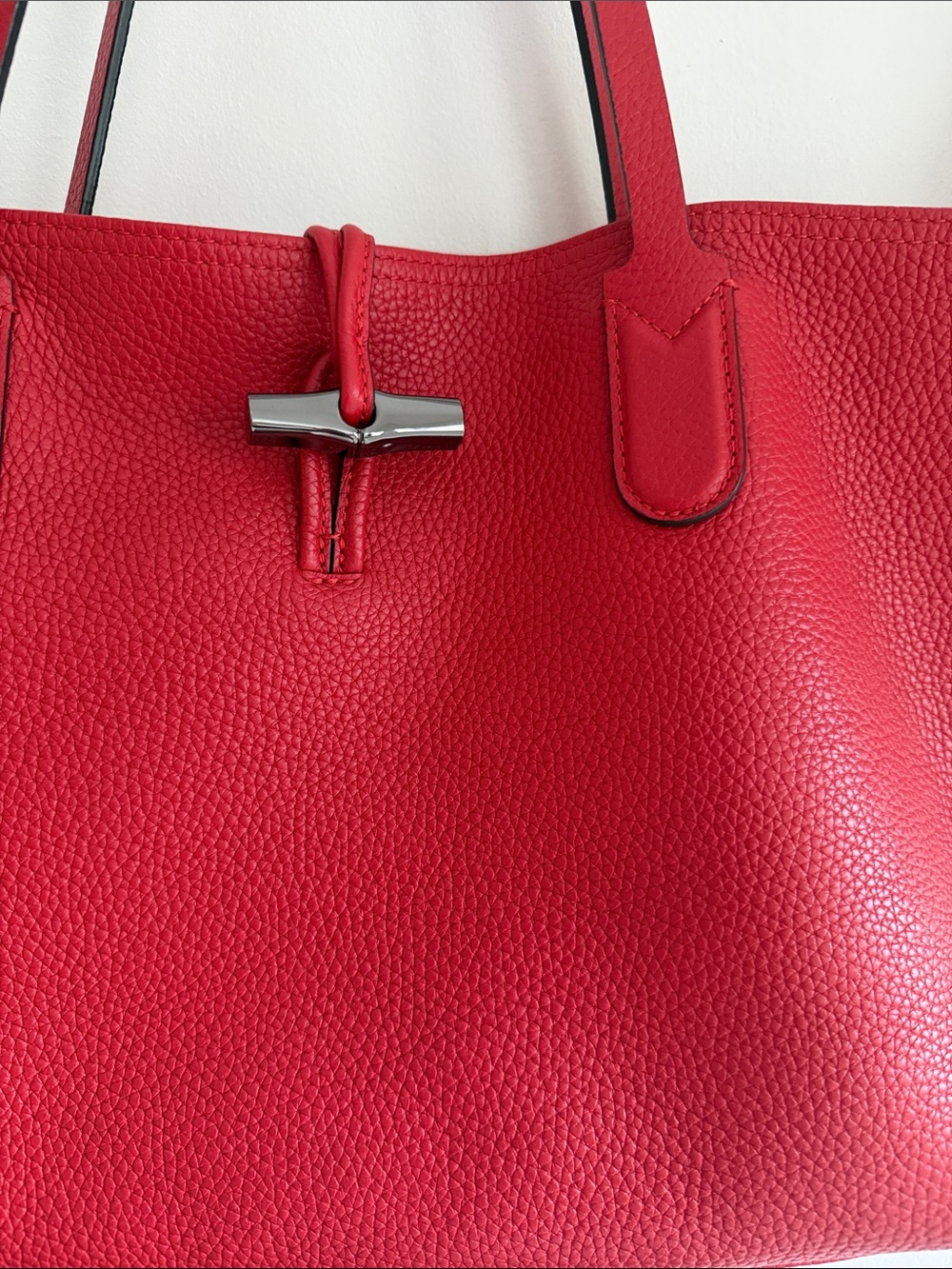 Longchamp Roseau Red Leather Tote Bag Bamboo Toggle